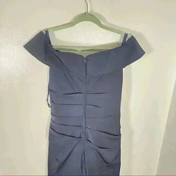 NEW La Femme Off Shoulder Ruched Satin Trumpet Gown - Picture 9 of 10